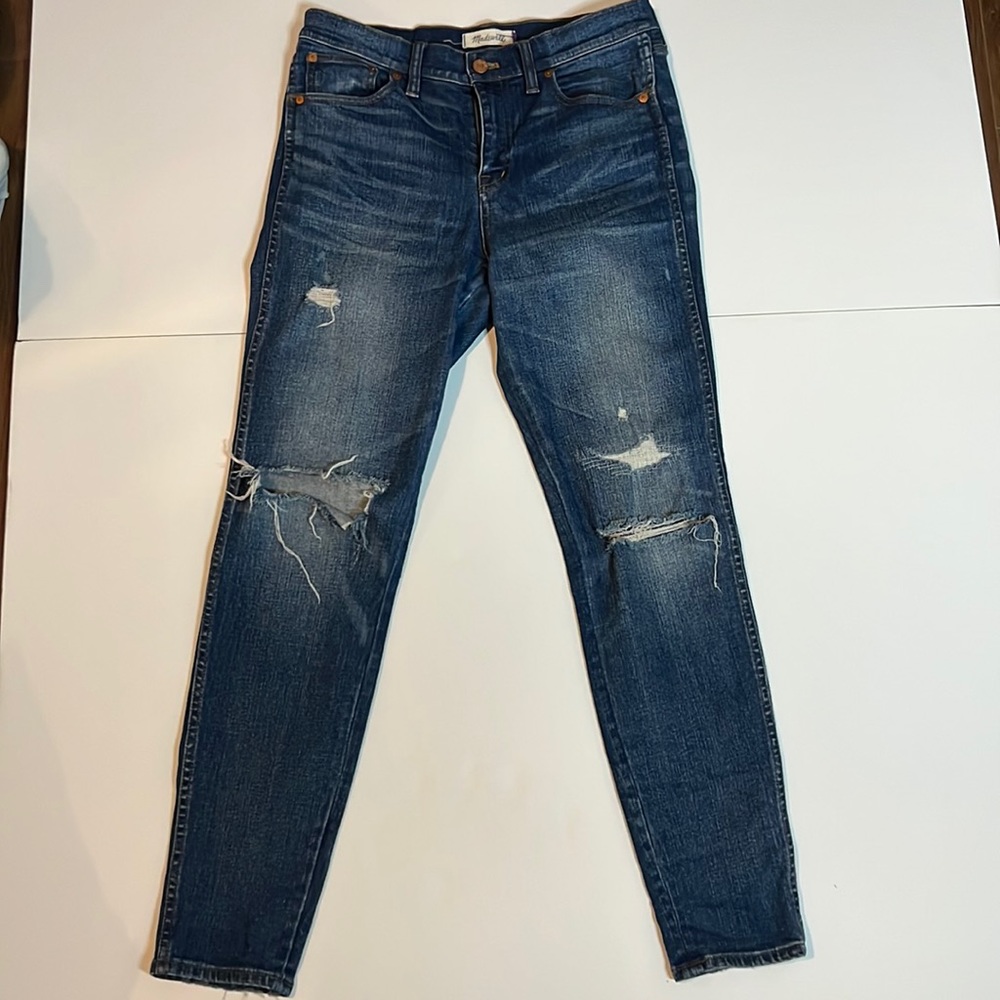 Madewell 9” high rise distressed destroyed style skinny jean dark blue denim 29